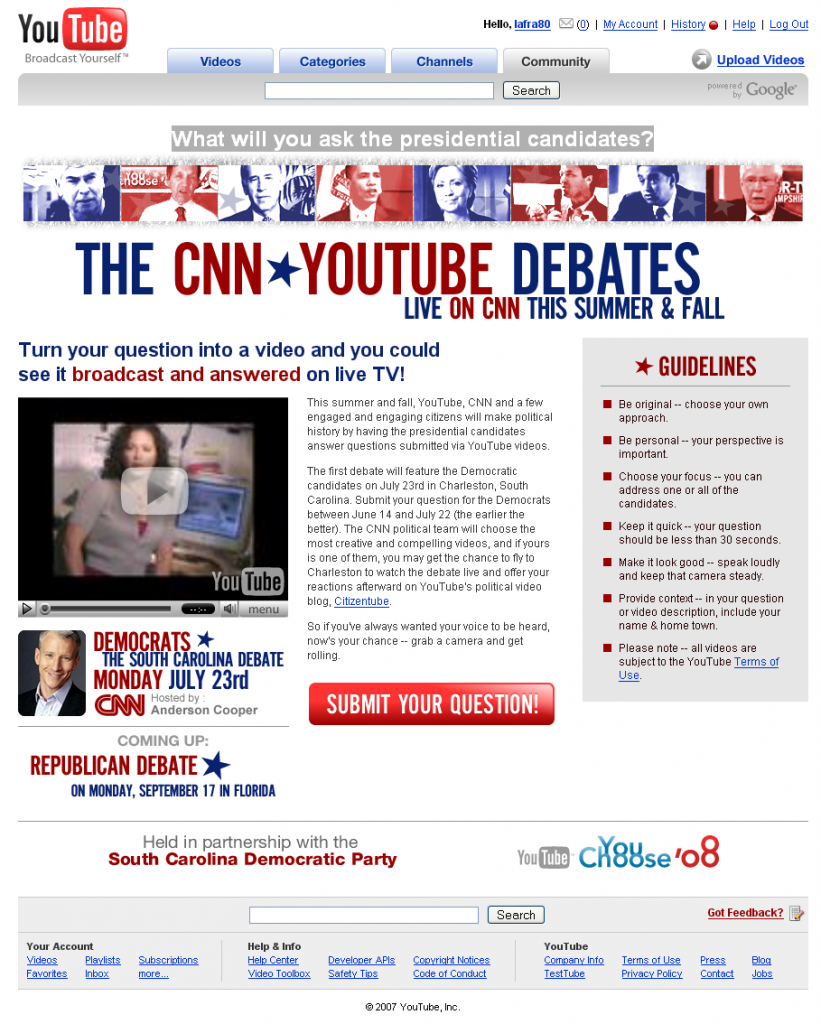 Screenshot of a YouTube debate website