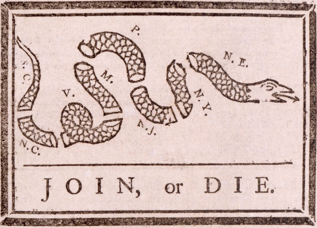 Photo of the “Join or Die” image used in the American Revolution