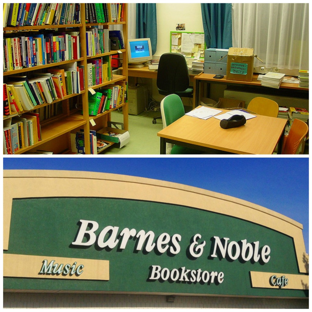 Picture of the interior of a small library contrasted with a large Barnes & Noble sign