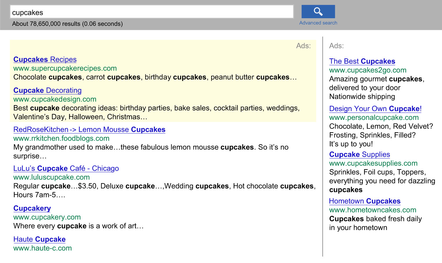 Screenshot of an internet search with sponsored advertisements at the top