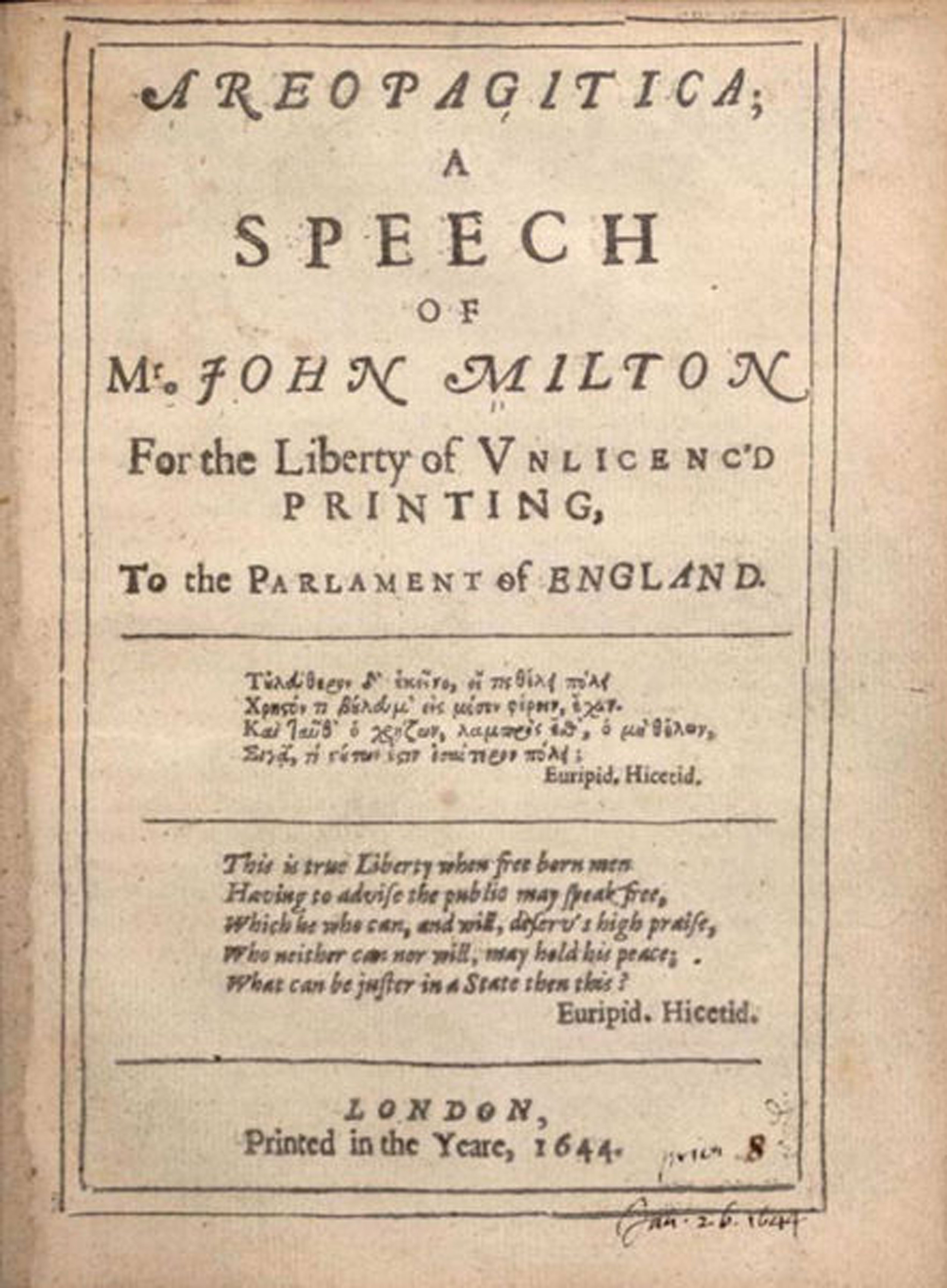 Picture of the transcript of John Milton’s Areopagitica speech