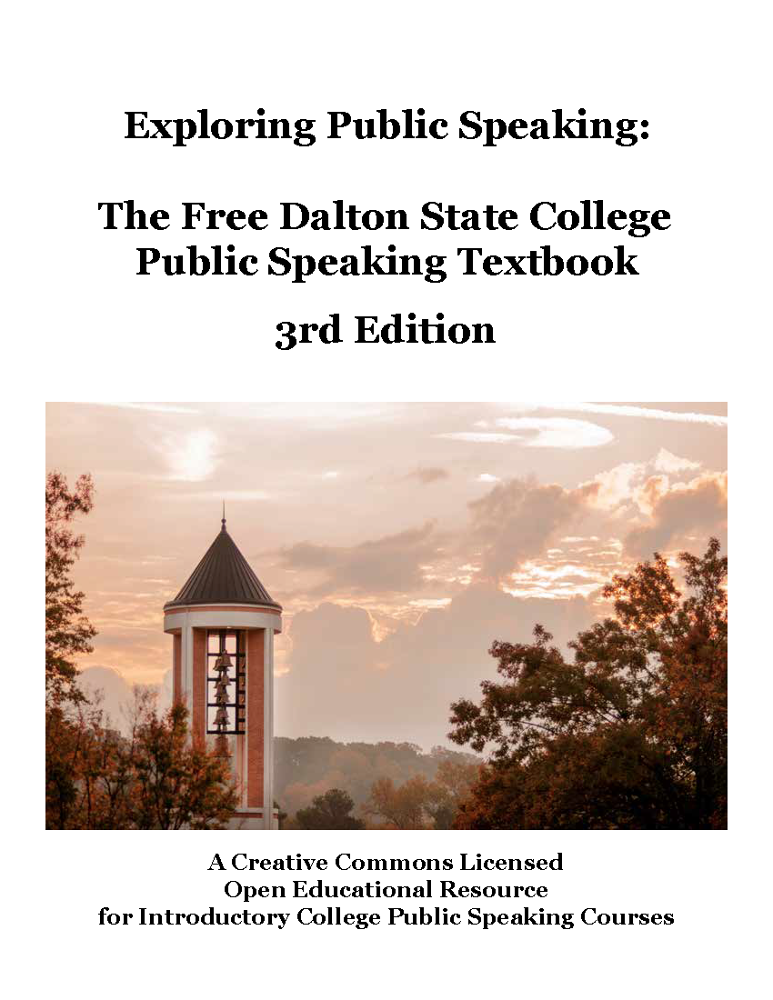 Exploring Public Speaking book cover illustrated with a building at sunset or sunrise. 