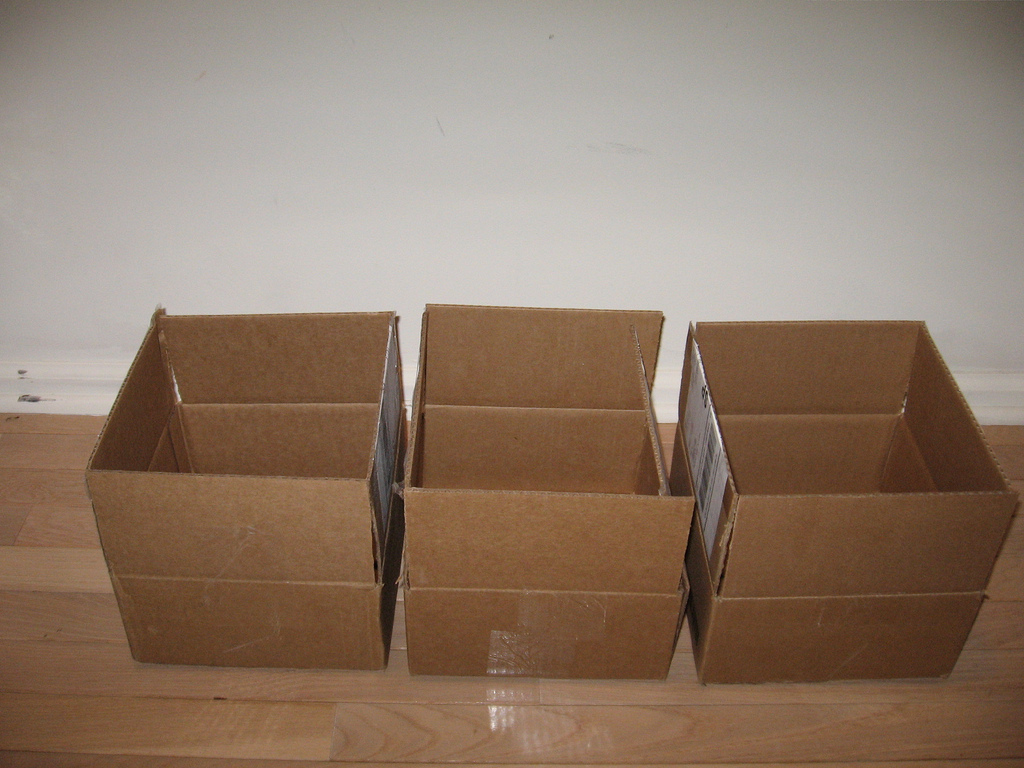 A single wholesale unit of a product, such as these empty cartons shown here, is an example of secondary packaging. Each of these boxes might hold, for example, twenty four cans of car polish or thirty-six cans of bug spray.